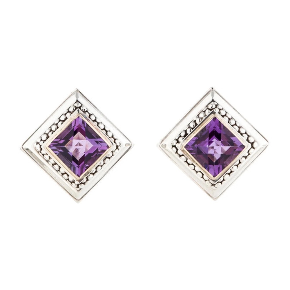 Michael Dawkins .75" Faceted Square Amethyst & Sterling Silver Stud Earrings